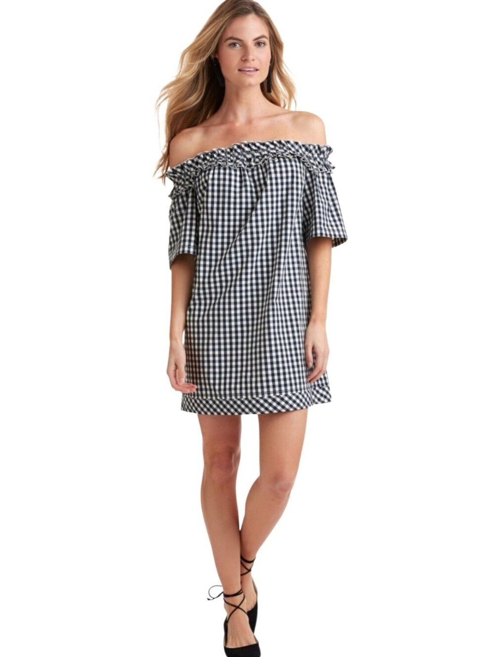 NWT Vineyard Vines Black & White Gingham Off the Shoulder Mini Dress Size Medium